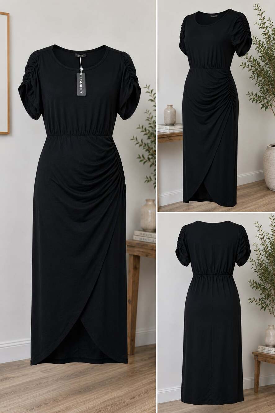 Leaduty Black Short Sleeve Ruched Asymmetrical Midi Dress Size XL New with Tags
